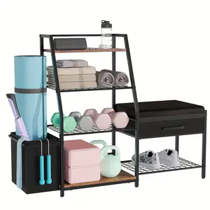 Home Gym Storage Rack With Bench, Workout Equipment Storage Organizer, Gym Organizer Rack For Home Dumbbells Kettle Bells Yoga Mat Blocks Rollers All In One Gym Accessories Storage Rack