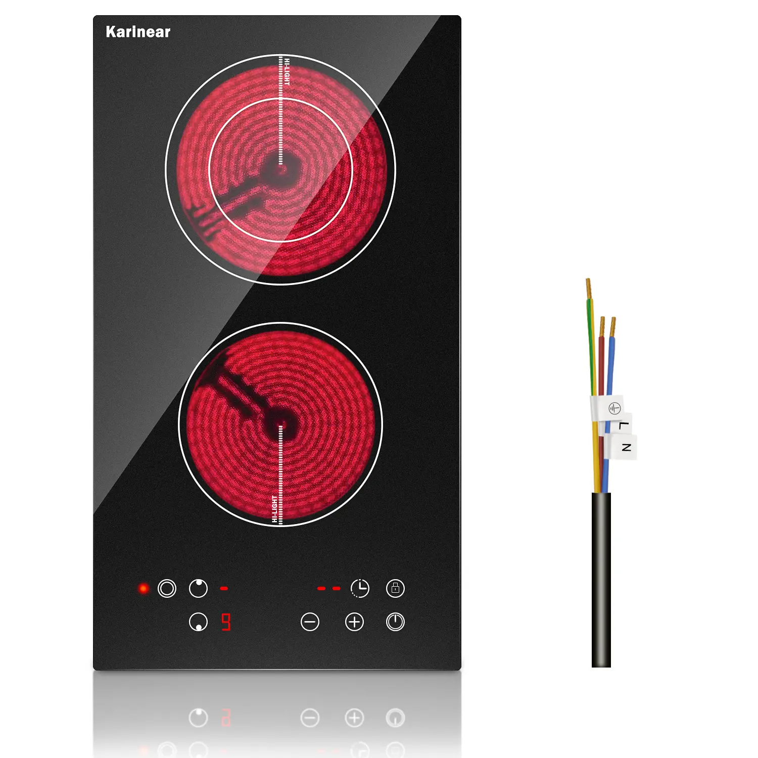 Karinear 2-Burner Built-In Ceramic Steel Hob (3200W) - Kitchen Appliance with Child Safety Lock, Residual Heat Indicator, Over-Temperature Protection, Adjustable Thermostat, Heat Resistance for Stir Fry, Stew (Compatible with Cast Iron Frying Pans)