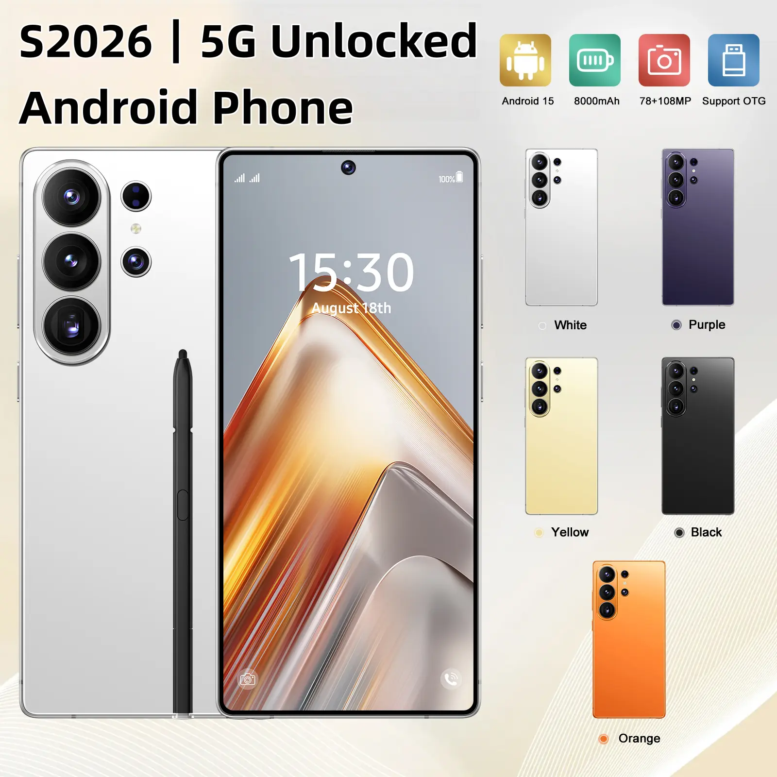 S2026 Global 5G Mobile Phone, Android 15 OS, 12GB+512GB Large Storage, 1440×3120 HD Display, Dual 78MP+108MP Cameras, 8000mAh Battery, OTG-Supported, Multi-Color Options for Daily Use & Gifting