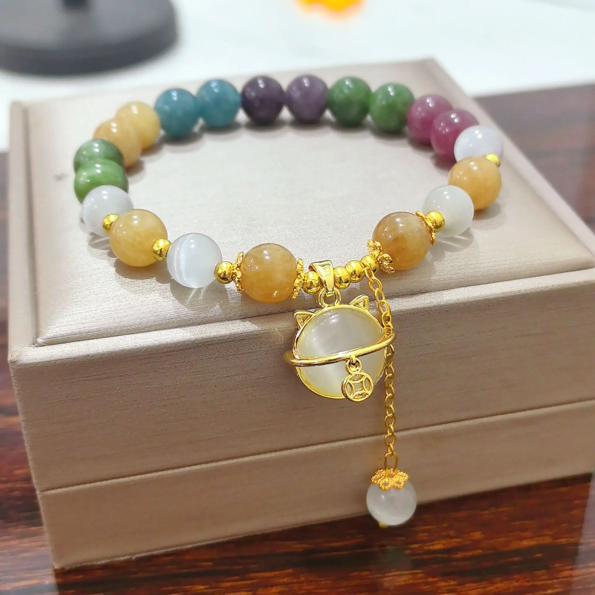 Colorful tourmaline lucky cat bracelet