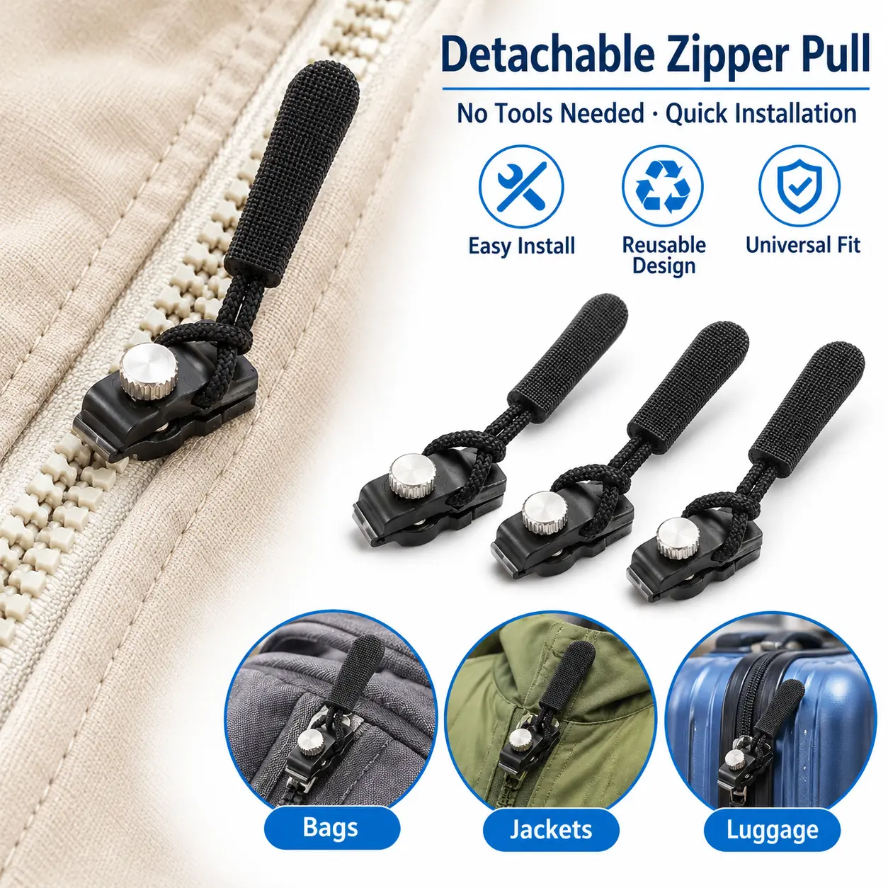 15 Pcs Universal Zipper Repair Kit Zipper Pull Replacement Set for Sewing Instant Fix Zippers Replacement Zipper Pulls Heavy Duty Metal Sliders No Tools Needed for Jackets Luggage Bags Backpacks Coats Boots Purses Tents Sleeping Bags Travel Accessories