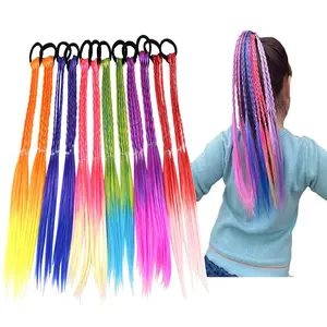Rainbow Braided Synthetic Hair Extensions with Rubber Bands for Women Kids Girls Party Cosplay Dress Up