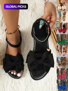 Women's Cute Bowknot Design Flat Sandals, Classic Sandals, Casual Versatile Flat Sandals for Summer Beach Vacation, Fashionable All-match Sandals for Daily Life Footwear, Textile Material