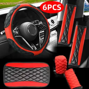 6pcs Luxury PU Leather All-in-One Car Interior Set -Steering Wheel Cover, Handbrake Cover, Shift Knob Cover, Shoulder pads & Car Armrest Pad, Car Accessories, Interior Upgrade, Premium Look, Soft Material, Easy Installation, Longdistance Drivers
