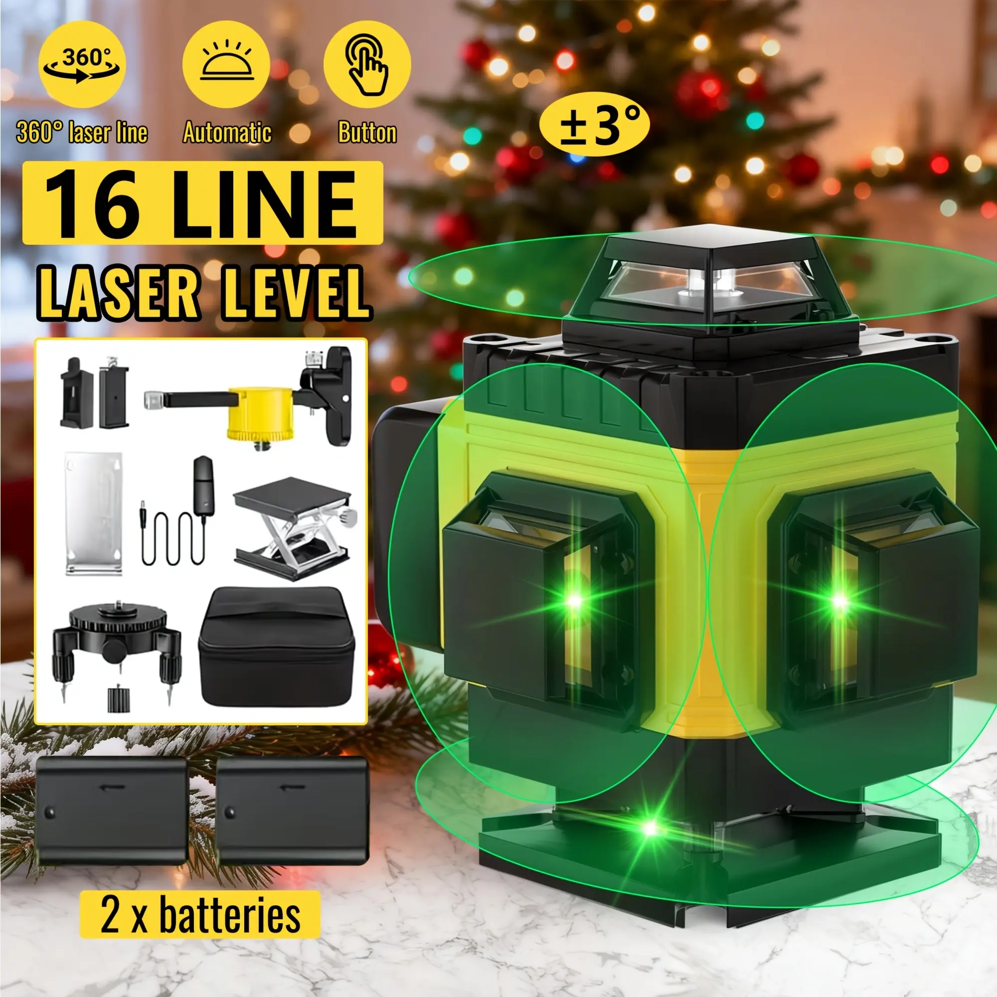 【DealsForYouDays】DateSea 16-Line Green Electronic Laser Leveler Tool, 4x360° Multipurpose Laser Level with 2 Rechargeable Lithium Batteries, Wall Mount for Home & Outdoor Building Renovation