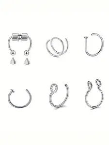 6pcs Women's Stainless Steel Fake Piercing Nose Ring Set, Spiral Nose Ring, Hinged Nose Hoops, Non Piercing Lip Ring, Nasal Septum Clip &, Punk Fashion Body Jewelry Gifts, Face Jewels