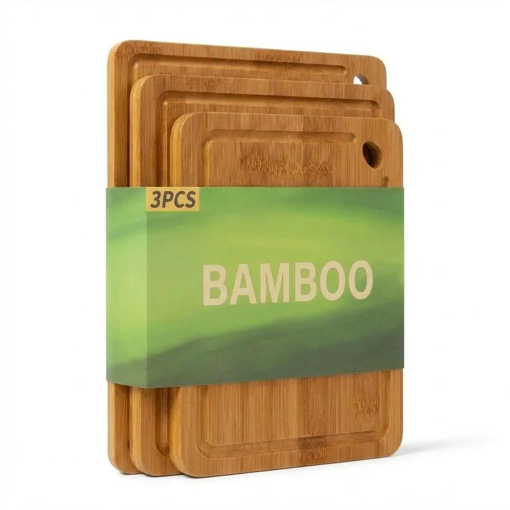 Stylish 3-Piece Bamboo Cooking Cutting Board Set with Holder - Multi-Size Kitchen Boards, Deep Juice Grooves, Handles, Ideal for Meat, Vegetables (15x10, 12x8, 9x6 in)