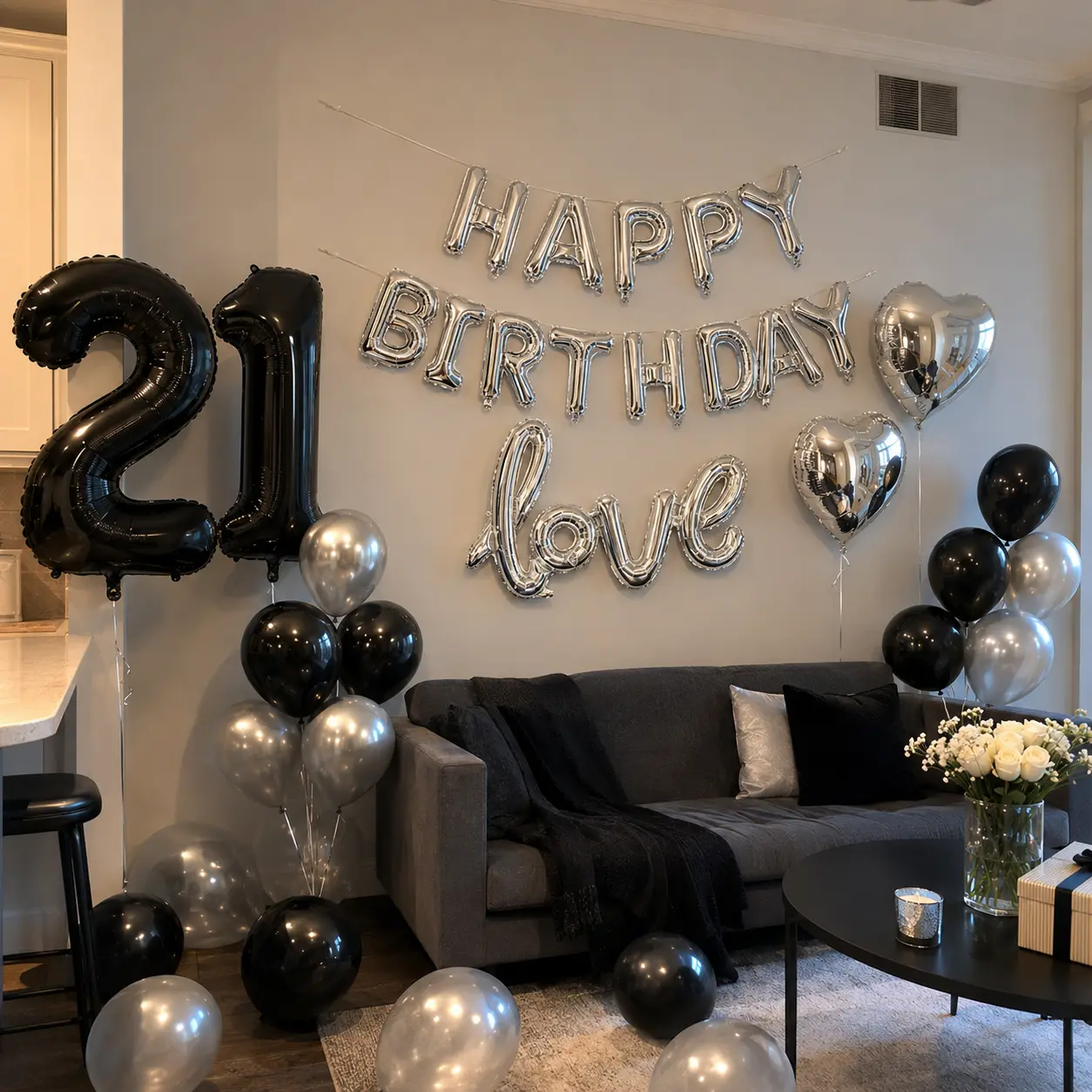 Black & Silver Birthday Balloon Set, Happy Birthday Foil Banner with Silver Love Balloon, Silver Heart Foil Balloons, Black Silver Latex Balloons, Optional Number Balloons, Birthday Party Decorations, Bedroom Surprise Room Decor