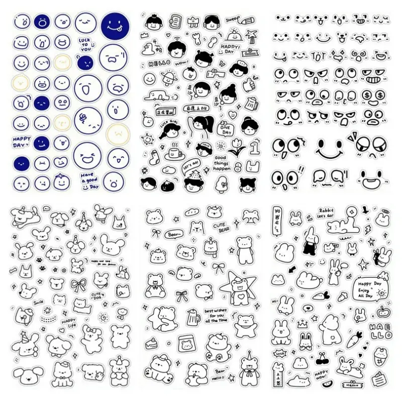 6-piece Funny Cute Smiley Face Transparent Stickers with Lazy Bear, Rabbit and Puppy Expressions, Assorted Pattern Designs, Perfect for Scrapbooking, Stationery Decoration, Journaling, Diary, Home DIY Decor and Holiday Gift Materials
