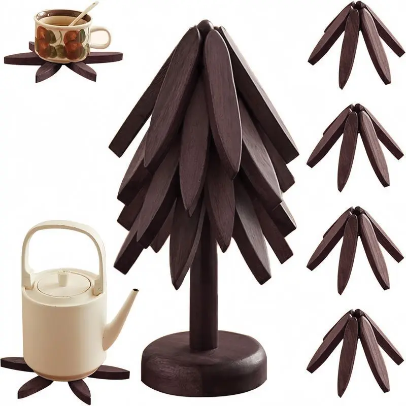 Natural Walnut Wood Trivet Set - 4 Pieces, 1 Stand, Heat-Resistant Foldable Solid Wood, Durable High-Quality, Trivet Cooking, Decorative for Hot Dishes & Pots, Kitchen Tableware Coasters-Z4, Decorative Trivet