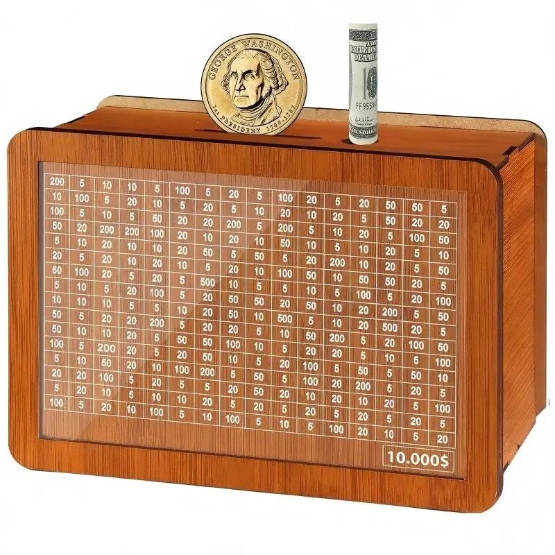 Brown Eco-Friendly Durable Wooden $10000 Savings Challenge Box - Self-Assembly Secure Cash Vault Piggy Bank with Counter, Dry Erase Pen, Transparent Acrylic Panel - Home Decor, Room Decor for Youth