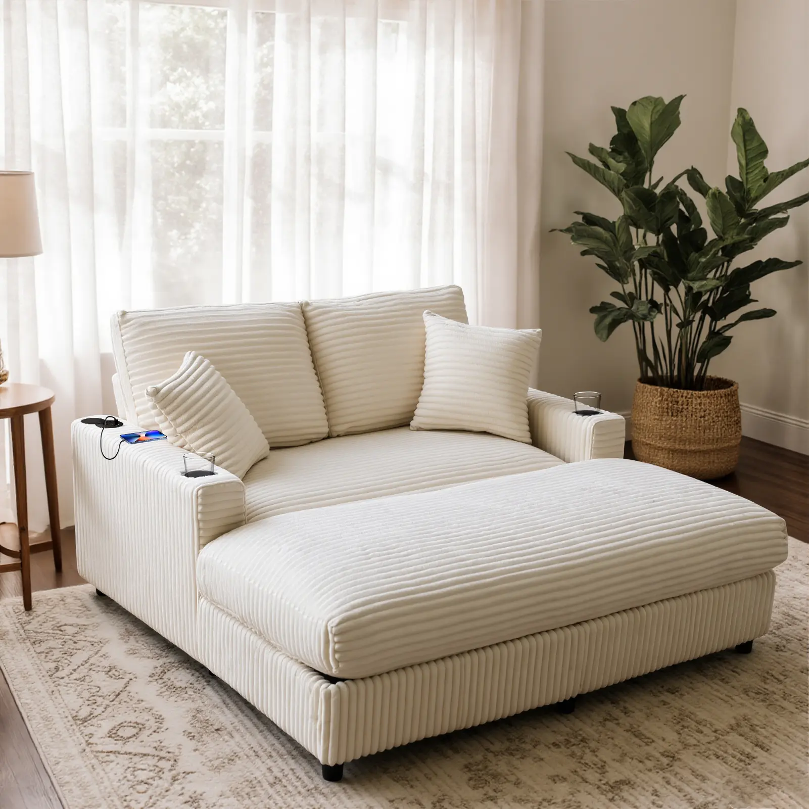 60"x58" Oversized Rectangular Corduroy Convertible Chaise Lounge Couch Bed - Sturdy Indoor Adult Reading/Play Game Chair, 2 Pillows, USB Charger, Cup Holder, Sponge Cushion, 65.4”x64.1”x35”h, Assembly Required, Apartment Sofa, 65.4”X 64.1”X 35”H