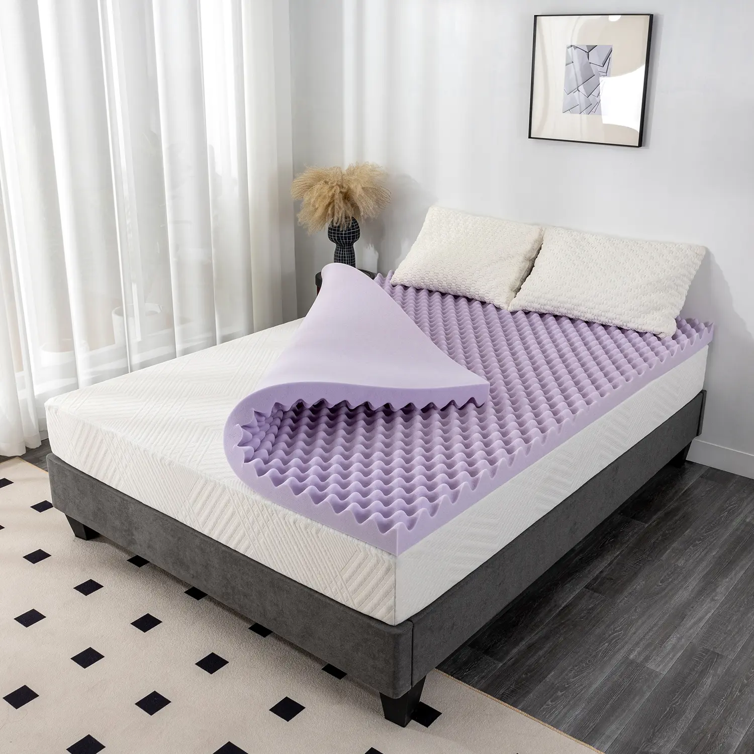 Outdoorfun Egg Crate Memory Foam Mattress Topper with Soothing Lavender Infusion, Soft Mattress Pad, Twin Full Queen King Bedroom Cooling Breathability Personalized Aesthetic Comfort