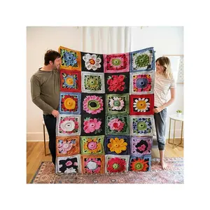 Vibrant Hand - Crocheted Floral Patchwork Blanket with Colorful 3D Flower Squares