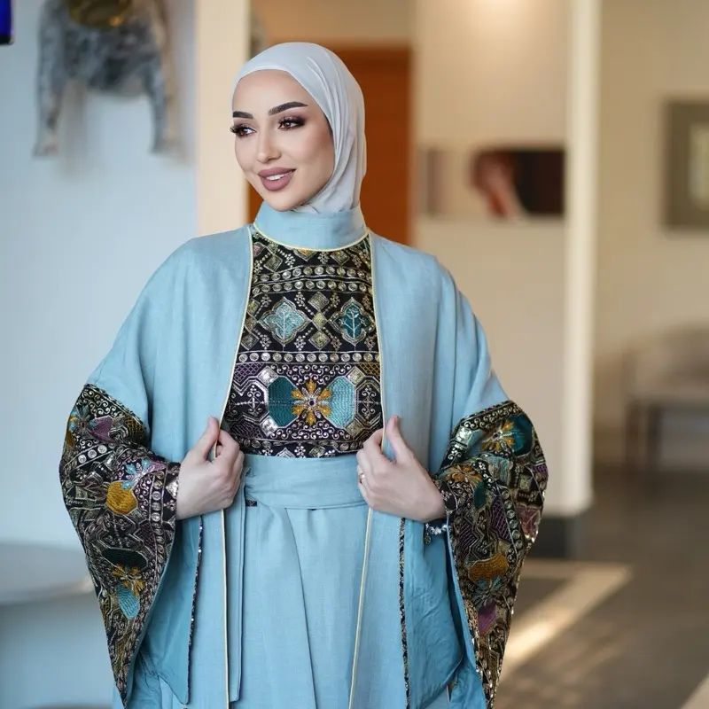 Linen Elegant Kuwait Daraa Abaya with Indian Embroidery - Light Blue Color, Long Sleeve, Flowing Design