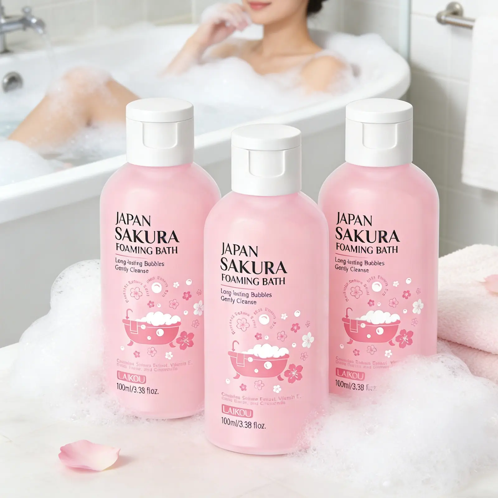Laikou Sakura Foaming Bath 100ML, 3pcs/Set, Relaxing Aromatherapy Bath Essence for Spa Experience, Long-lasting Bubbles & Gently Cleanse, Body Care Cleanser, Bath Essentials, Body Hygiene Products, Body Care Wash