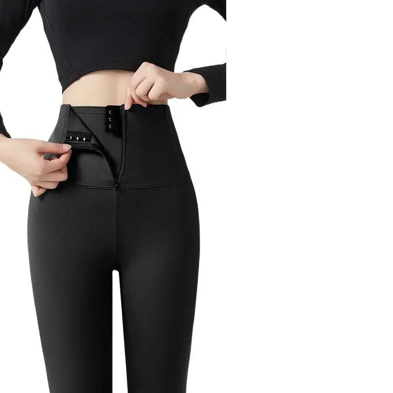 High Waist Zipper Button Shark Pants Autumn Winter Women's Outer Wear Tummy Control Hip Lift Yoga Fleece Lined Women's Leggings