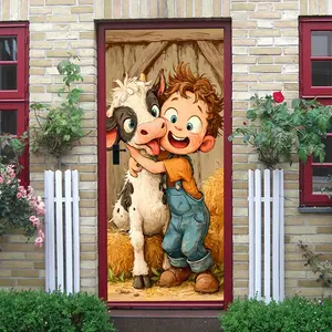 2pcs Cute Cartoon Boy and Calf Wall Stickers for Kids Room Bedroom Decoration Animal Theme Kindergarten Wall Decals Eco Friendly Removable Self Adhesive Wallpaper Baby Room Creative Wall Decorations