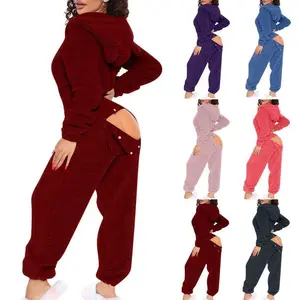 One-Piece Loungewear Opening Women'S Long-Sleeved Jumpsuit Hooded Cute Plush Sexy Fit Nightwear Pants Womenswear