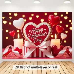 Summervibes 1PC Polyester 2D Flat Valentine's Day Love-Themed Backdrop Decor, Vibrant Design Photography Background Wall Hanging Cloth with Heart-Shaped Balloons, Candles, Party Photo Prop to Celebrate Birthdays, Festive Banners