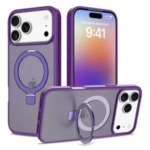 MagSafe Compatible Polycarbonate Smartphone Case, Built-in Foldable Kickstand for Landscape Viewing, Shockproof Matte Translucent Cover with Full Camera Protection, Wireless Charging Support, Purple Phone Accessory for iPhone 16/17 Pro/Pro Max