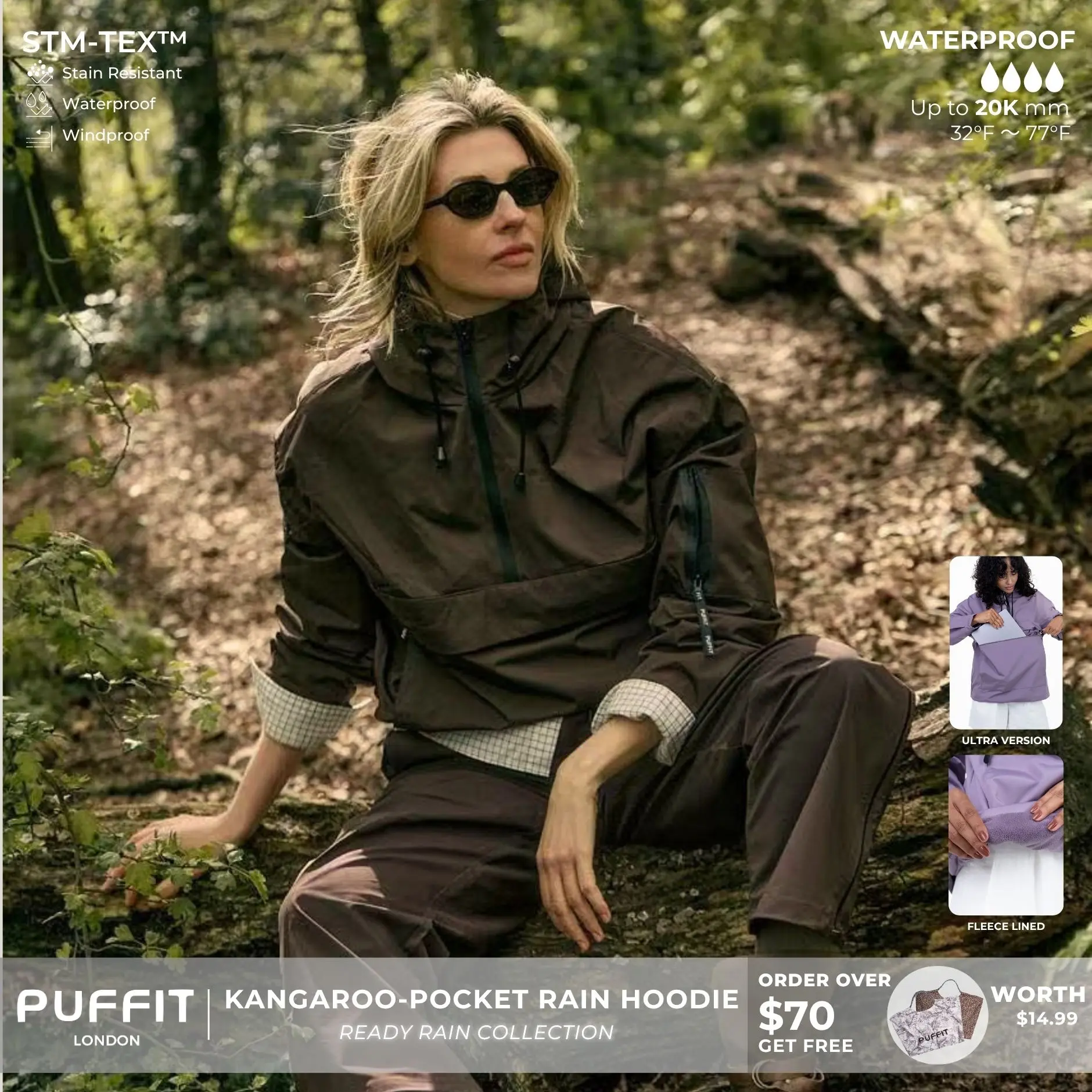 【Restocked】PUFFIT STM-TEX Waterproof Relaxed Fit Hoodie Coat Warm Half Zip Rain Jacket With Adjustable Waist,Hood & Cuffs,Large Kangaroo Pocket,Shell Jacket,Ski Jacket,Spring Jacket,Windbreaker,Dog Walking,School Running,Football Mum,Stylish,Womenswear