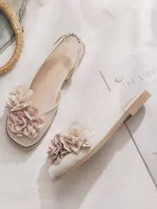 Beige Floral Slingback Flats With 3D Flower Details, Elegant Bridesmaid Or Wedding Guest Shoes, Comfortable Event Flats For Women Women Soft