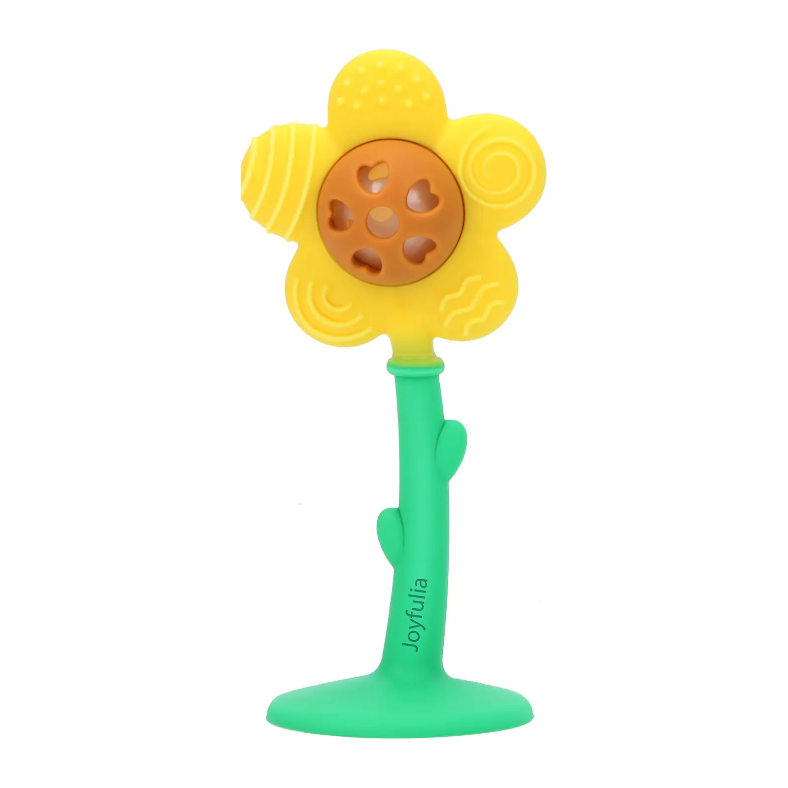 Sunnyflower Teether Rattle 2-in-1, Joyfulia Baby Silicone Infant Teething Toy with Suction Base, BPA Free Pacifier