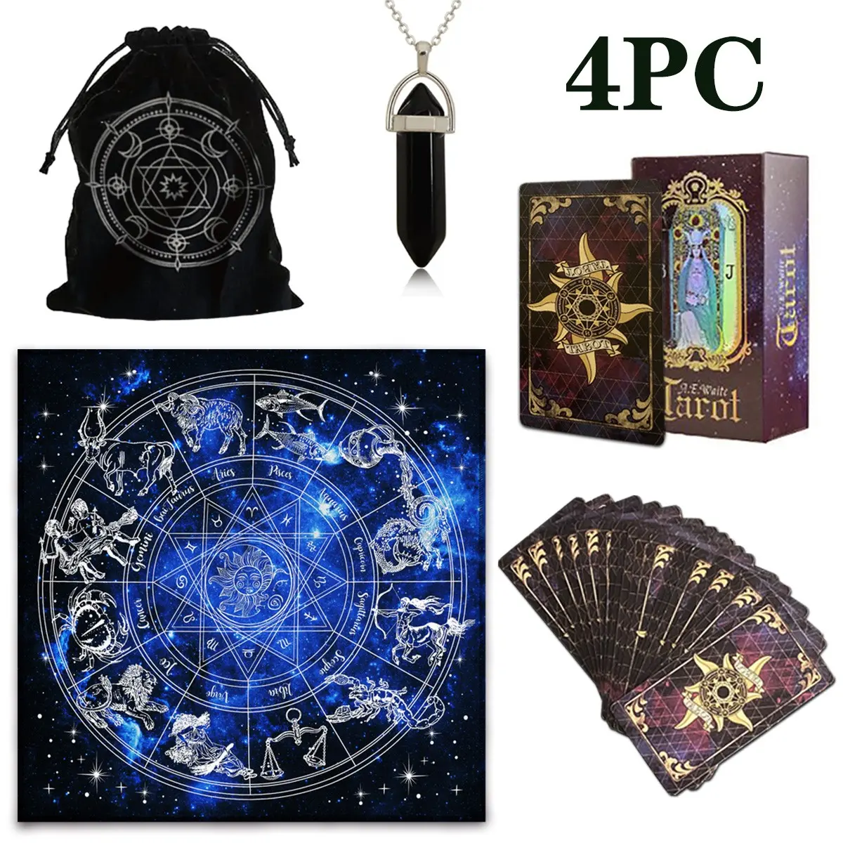 4PC 12-constellation Decorative Tarot Card Reading Set, Durable, includes 78 tarot cards, polyester drawstring bag, tablecloth, pendant