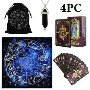 4PC 12-constellation Decorative Tarot Card Reading Set, Durable, includes 78 tarot cards, polyester drawstring bag, tablecloth, pendant