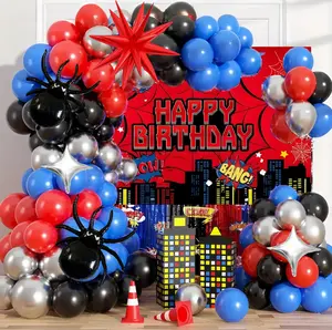 130Pcs Spider balloon set party theme, including blue red black and silver balloons balloon set, red explosion star and silver star balloons for birthday parties and theme parties