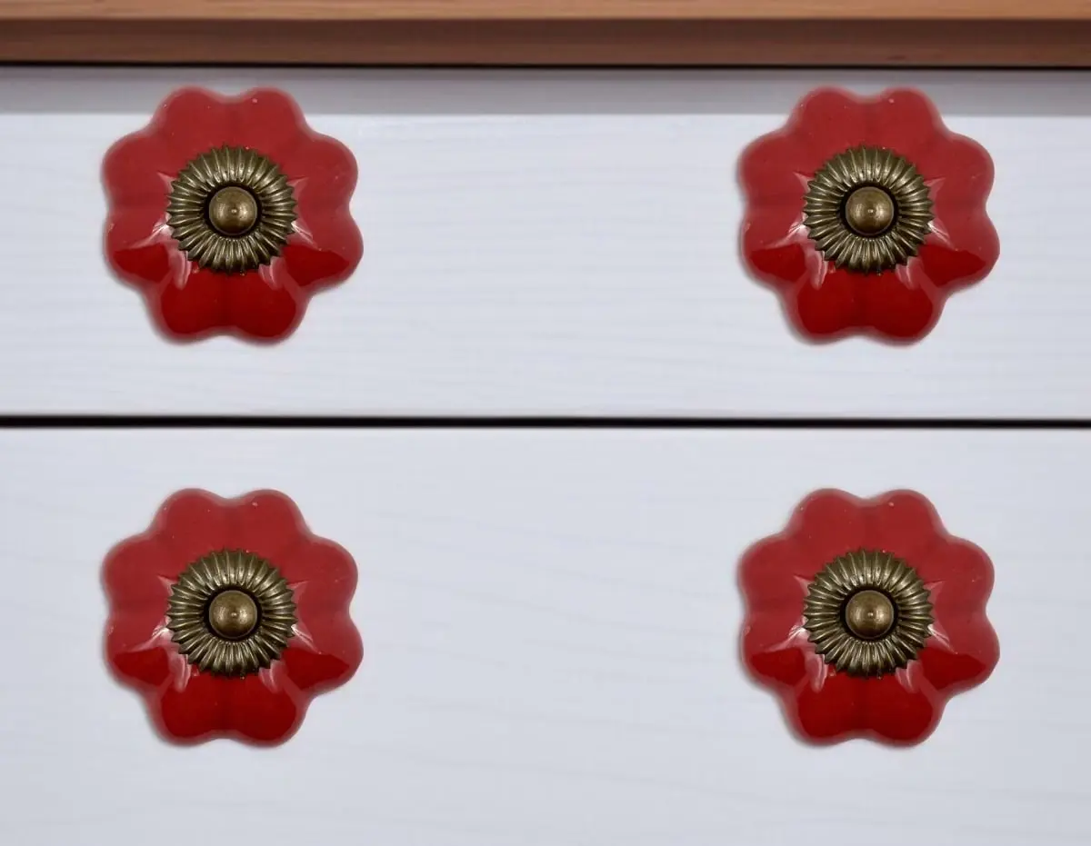 360 stand Hand-Painted Red Flower Ceramic Drawer Pull Knobs - Set of 6, Screw-In Hardware That Includes Screws for Drawers, Floral Handles Doorknobs, One Size