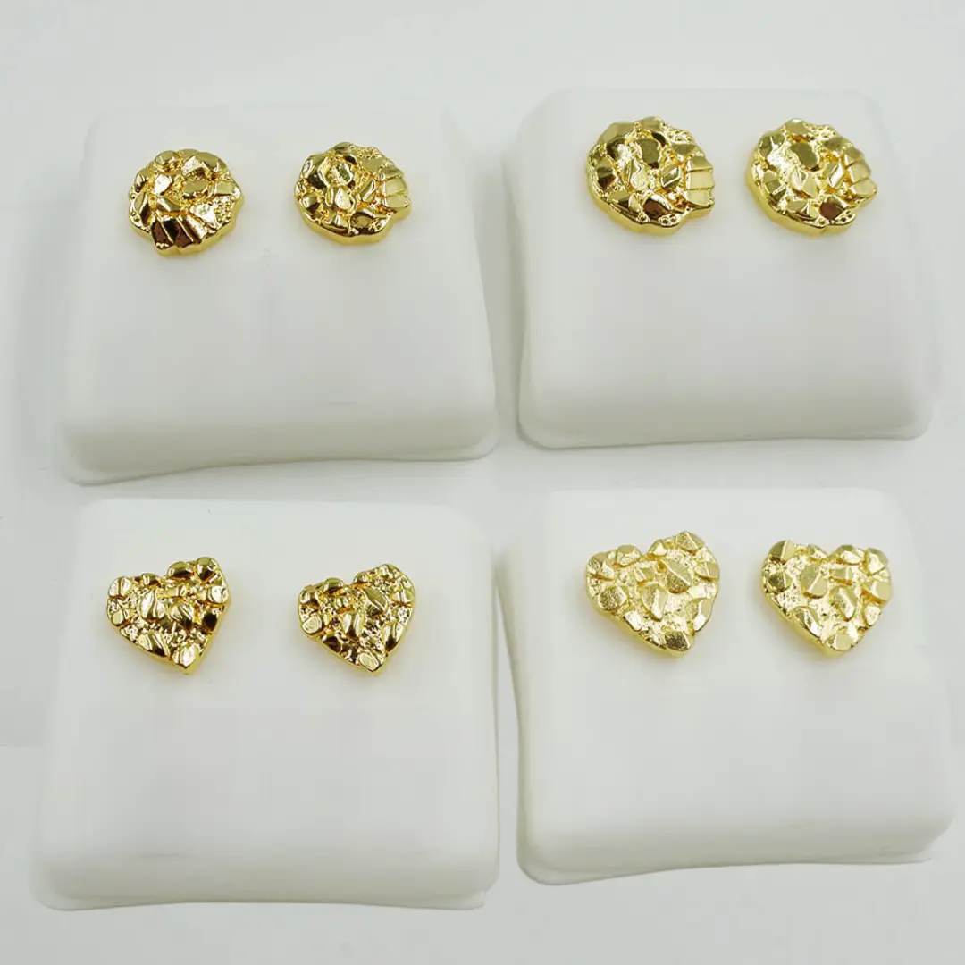 Nugget Earrings 14k Gold Plated Heart Round Textured Stud Earrings Push Back No Fade