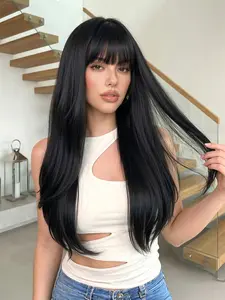 Women's 26 Inch Black Long Straight Synthetic Machine Wigs with Bangs, Gorgeous Fluffy Wigs for Party, Elegant All-match Fashion Head Accessories for Daily Wear