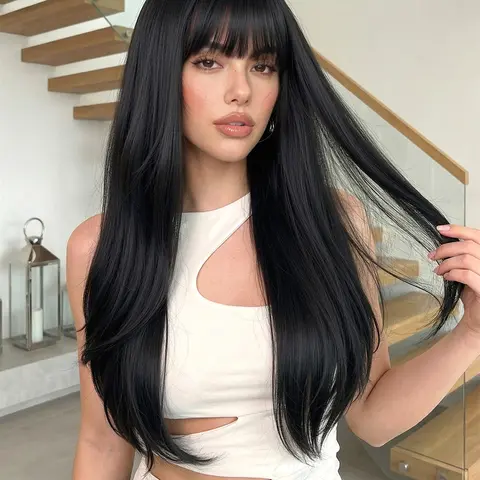 Women's 26 Inch Black Long Straight Synthetic Machine Wigs with Bangs, Straight Hair Wig, Gorgeous Fluffy Wigs for Party, Elegant All-match Fashion Head Accessories for Daily Wear