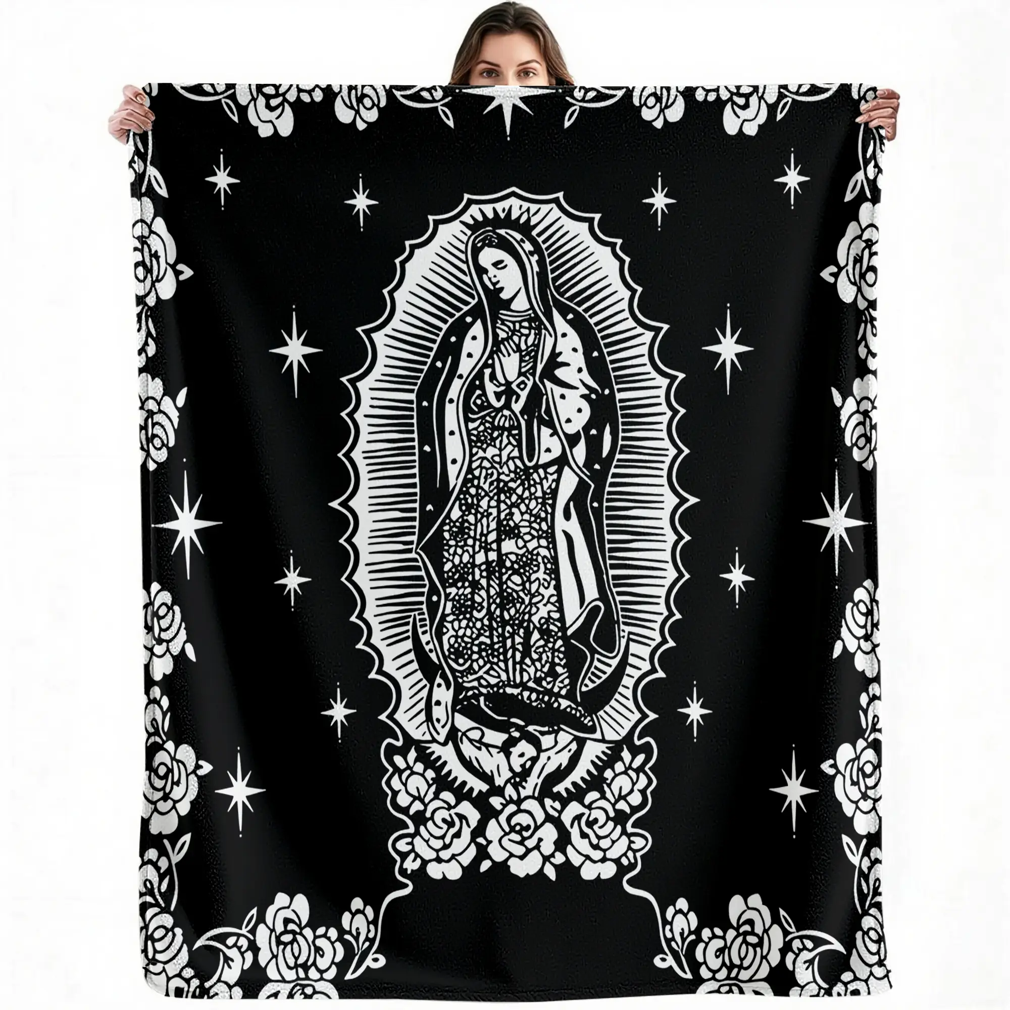 Our Lady of Guadalupe blanket — black & white religious icon design