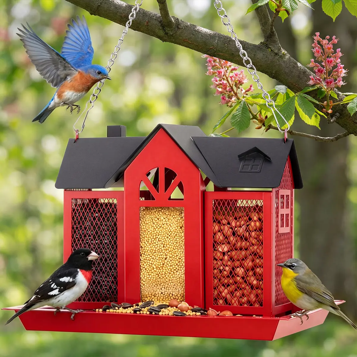 PAWGIANT Bird Feeder House for Outside, 10" × 8" × 7", Hanging Metal Mesh Wild Bird Feeder with Triple Feeders for Finch Cardinal Chickadee Large Capacity, Weatherproof and Durable, Garden Decor for Outside, Unique Gifts for Bird Lovers, Red, dealsforyou