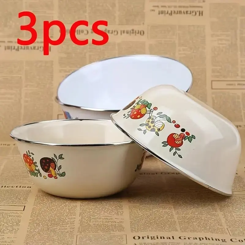 Vintage Floral Art Ceramic Enamel Bowl Set (3-Piece) - Aesthetic Classic Decorative Accents Bowls, Reusable Kitchen Tableware, Durable, Sturdy, Stylish, Dishwasher Safe, Outdoor-Camping Ready, Everyday Use, Ideal Gift for Christmas, Mother's Day, Easter,
