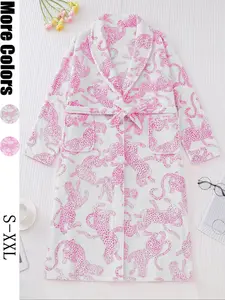 Women's Fleece Flannel Sleepwear Set, Soft Warm Leopard Pajamas for Winter & Casual Wear, Stylish Comfortable Nightwear for Daily Use, Robe, Loungewear