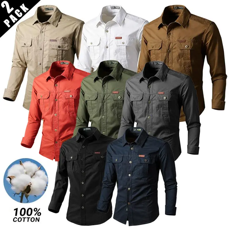 Set of 2 men’s 100% cotton long-sleeve collared work shirts; solid-color casual multifunctional tops; breathable, versatile summer wear that resists abrasion; dad shirt, men’s button-up shirt, stylish shirt