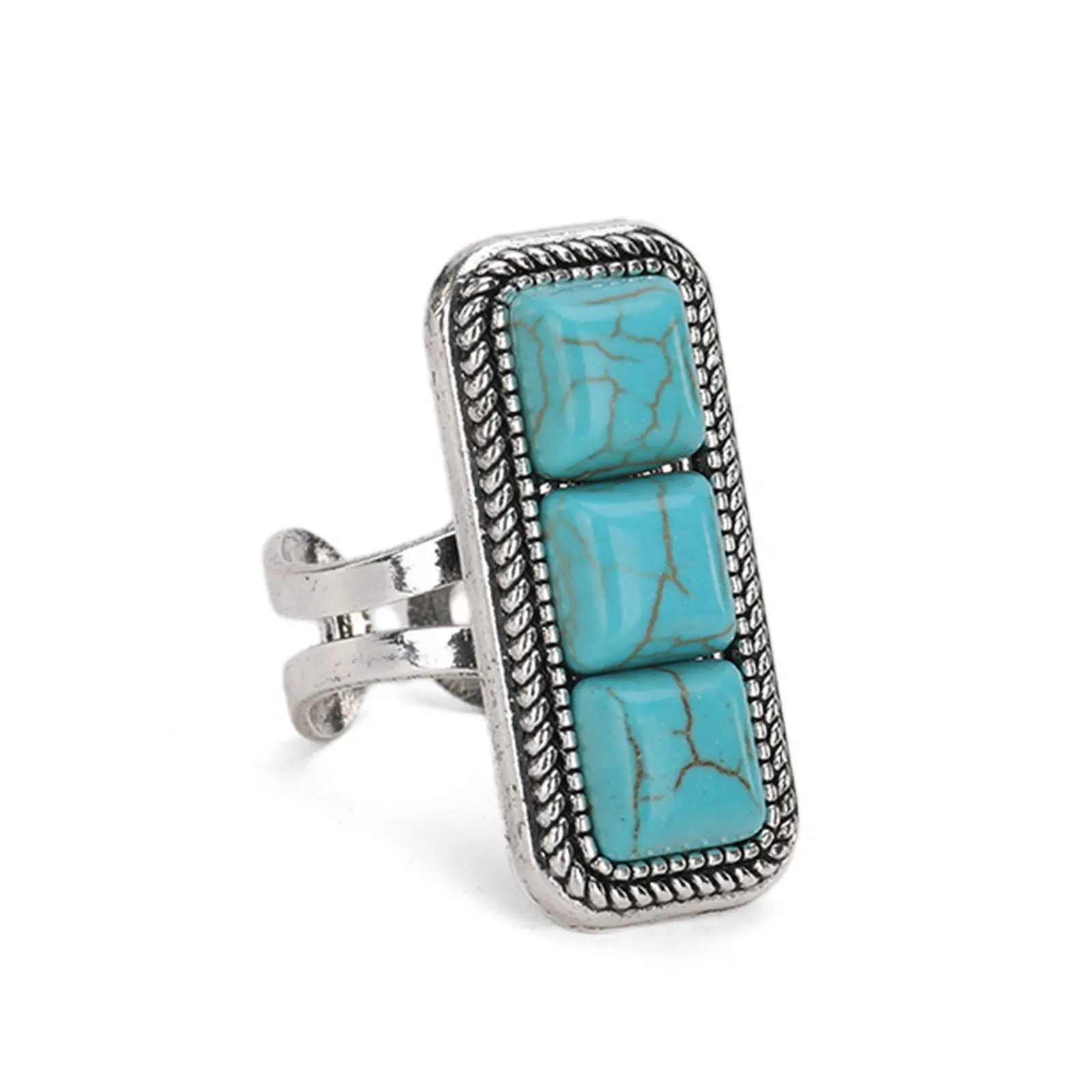 Rustic Couture's Southwestern Turquoise Ring for Women, 3-Stone Rectangular Face in Antique Silver, Adjustable Cowgirl Jewelry for Country Concert & Rodeo Outfits, Turquoise Jewelry