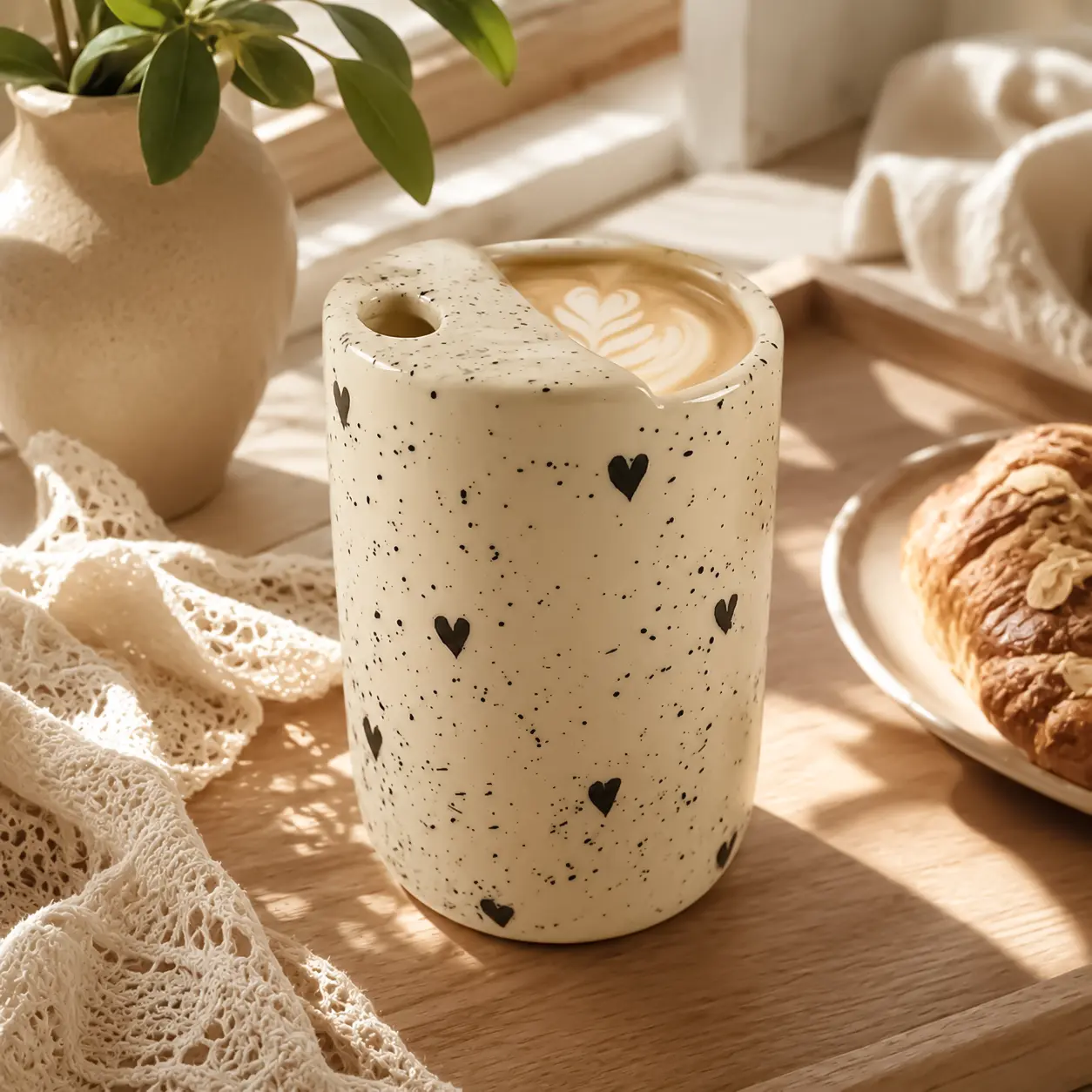 17oz Glossy Handmade Craft Ceramic Mug with Ceramic Body, Heart Motif, Easy-Drink Spout, Lead-Free, Microwave-Dishwasher Safe, Large Capacity, Reusable Travel Tumbler, Gift Ideas for Women