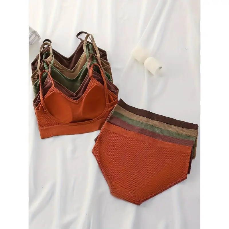 Women's 5-Set Solid Ribbed Knit Cami Bra & Panties - Simple Polyamide Blend Lingerie Underwear Set, Prop 65 Safe