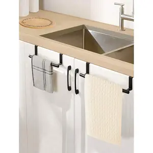 Basic model 1-piece black single-rod towel rack, hanging behind cabinet door, no-drill towel bar