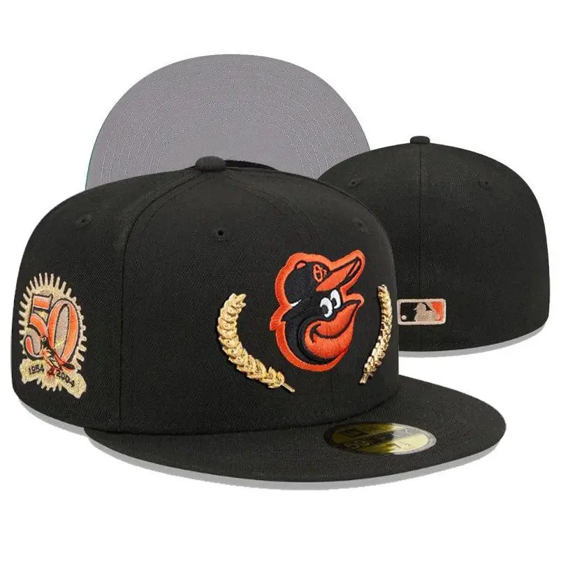 New Era Baltimore Orioles 59FIFTY Fitted Cap – Black MLB Baseball Hat with 50th Anniversary Side Patch, Premium Embroidered Flat Brim Collectible Cap