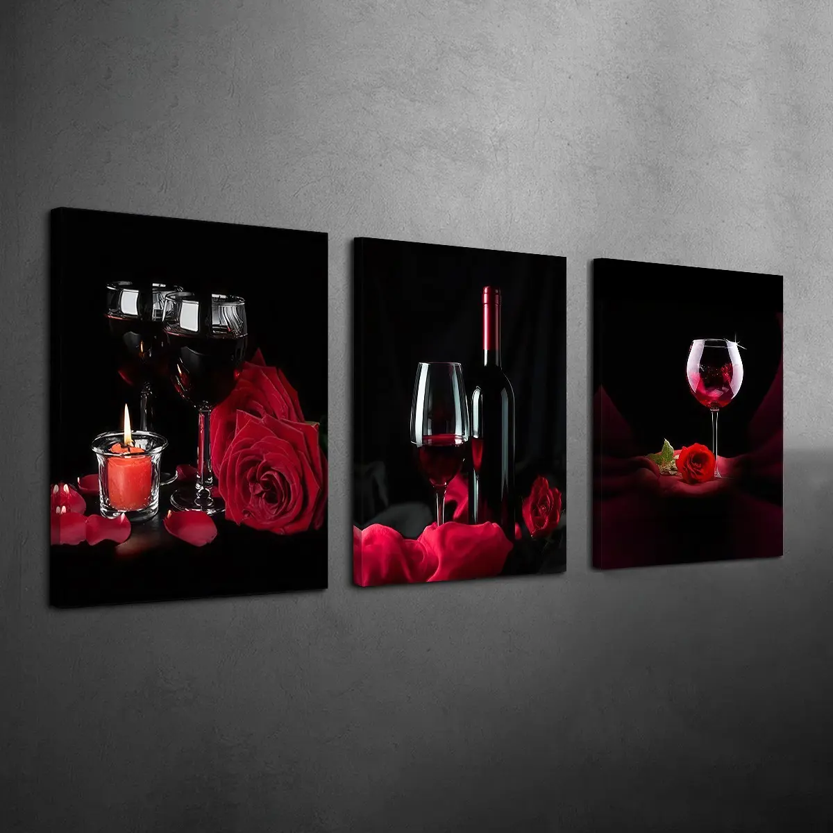 3 Counts Wood Framed Canvas Red Wine Rose and Candle Floral Wall Art Set, Romantic Home Decor, Ready To Hang, Waterproof Canvas Wall Art, Artwork Wall Painting For Gift, Wall Picture for Kitchen, Dining Room, Living Room, Bedroom, Corridor