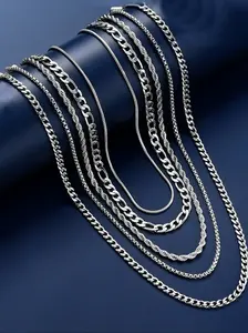 5-Piece Stainless Steel Cuban Chain Necklace Set, Casual Fashion Jewelry for Men & Women, Perfect Gift for All Occasions