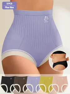 5 Pack Plus Size Women's High Waist Plus Size Shapewear Panties, 5 Pack Multi-Color Striped Design, Comfortable Butt Lifting, Tummy Control, Daily Wear, Casual