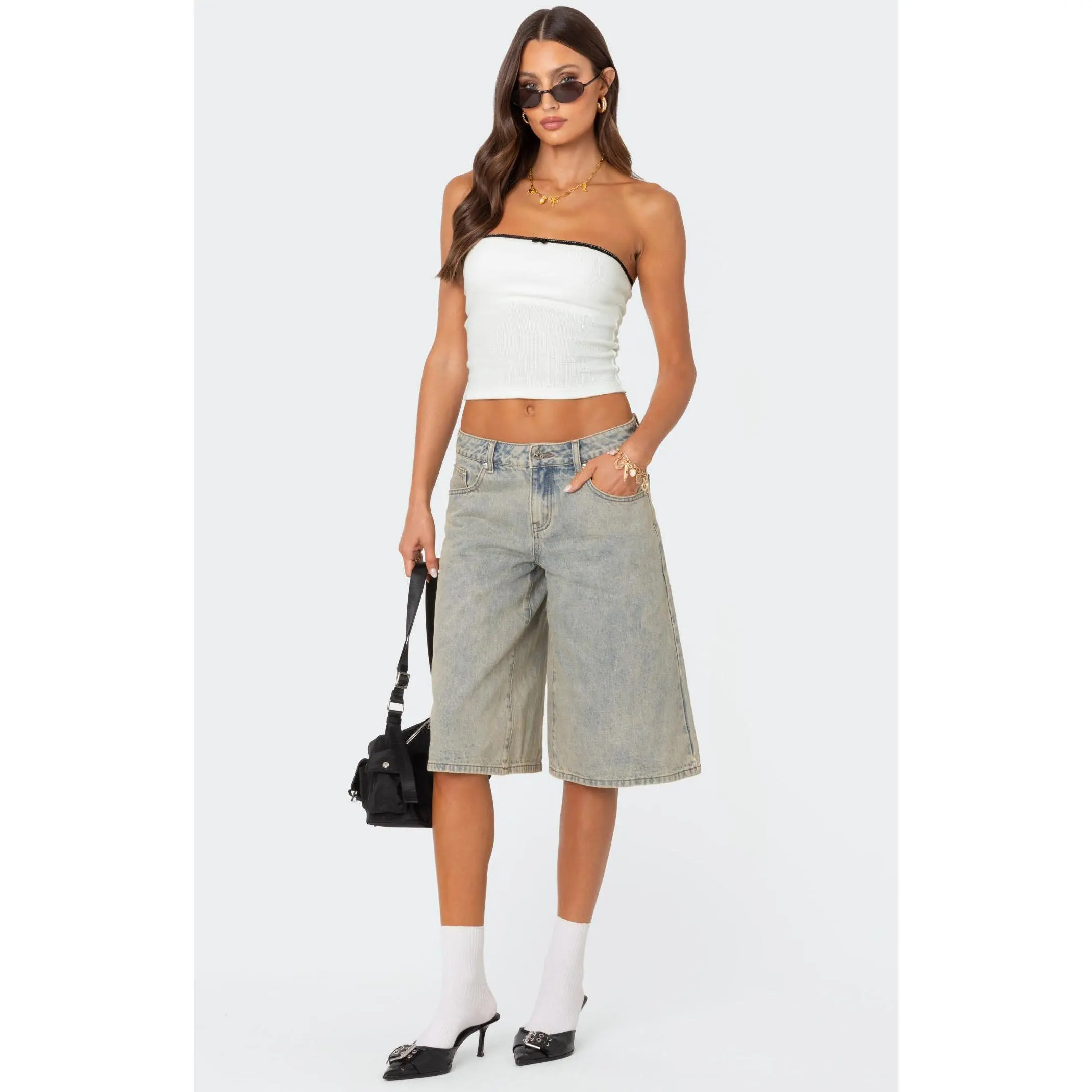 Edikted Women's Xtra Long Acid Wash Denim Shorts