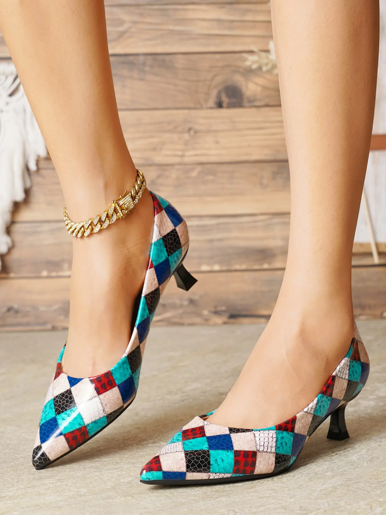 Women's Retro Patchwork Plaid Pointed Toe Cat Heel Shoes, Colorblock Glossy Patent Leather, Elegant Commute Date High Heels